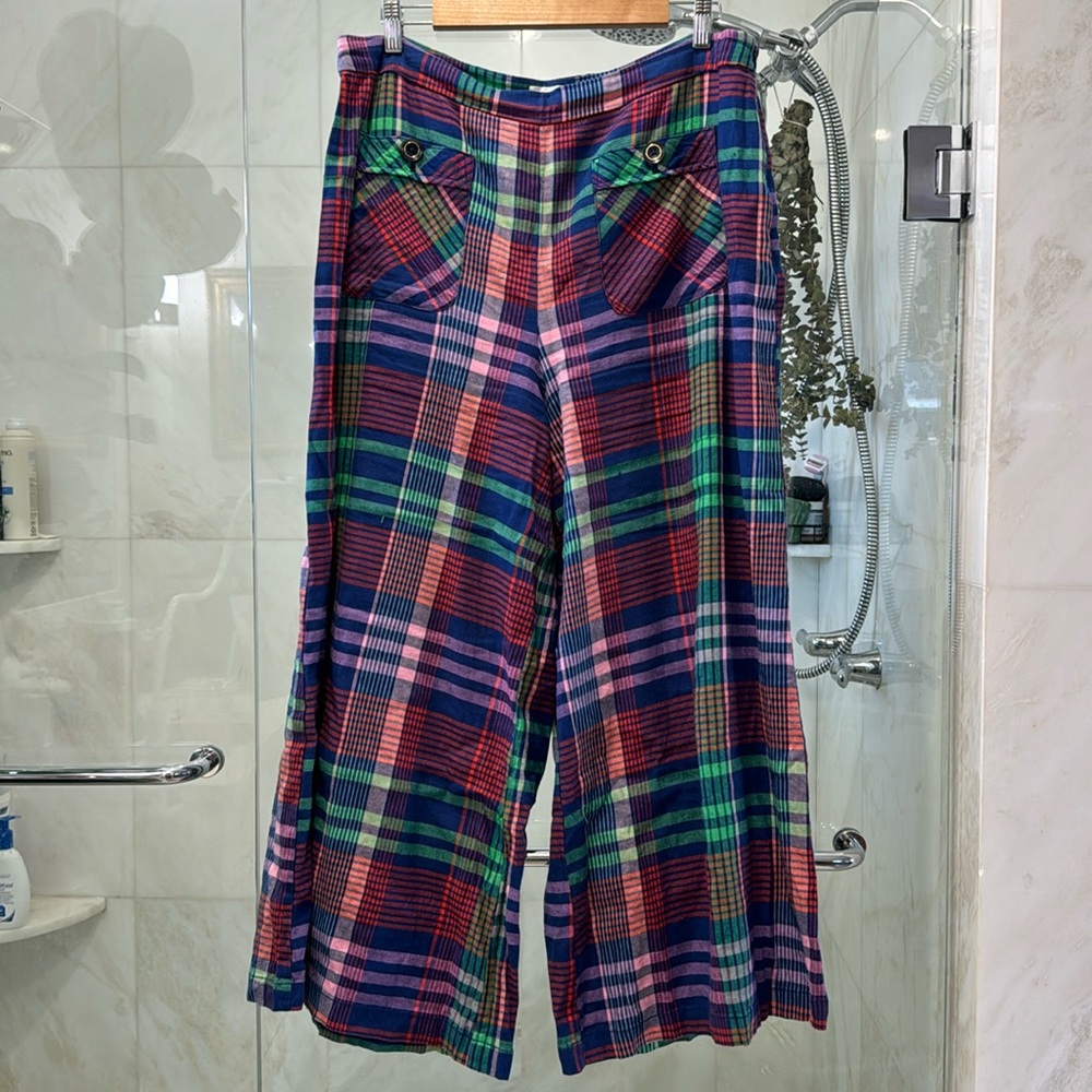 Maeve, 14, bright plaid cropped wide-leg pants